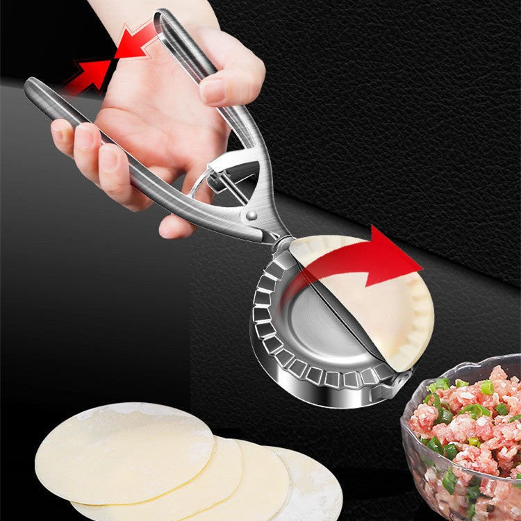 Demonstration of how to press and fold dumplings using stainless steel dumpling maker