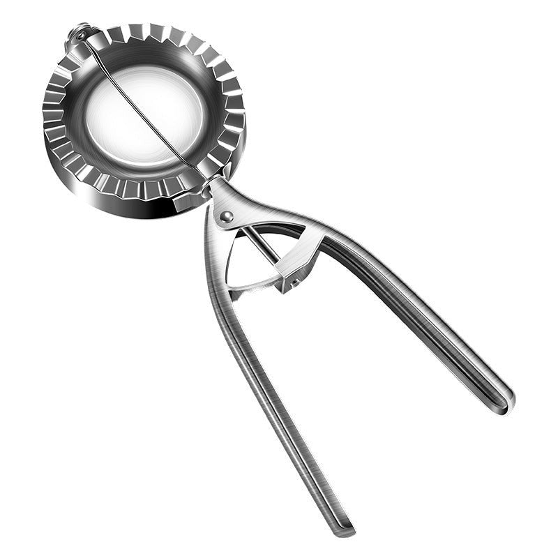 Stainless steel dumpling maker isolated on white background showing full handle and press design