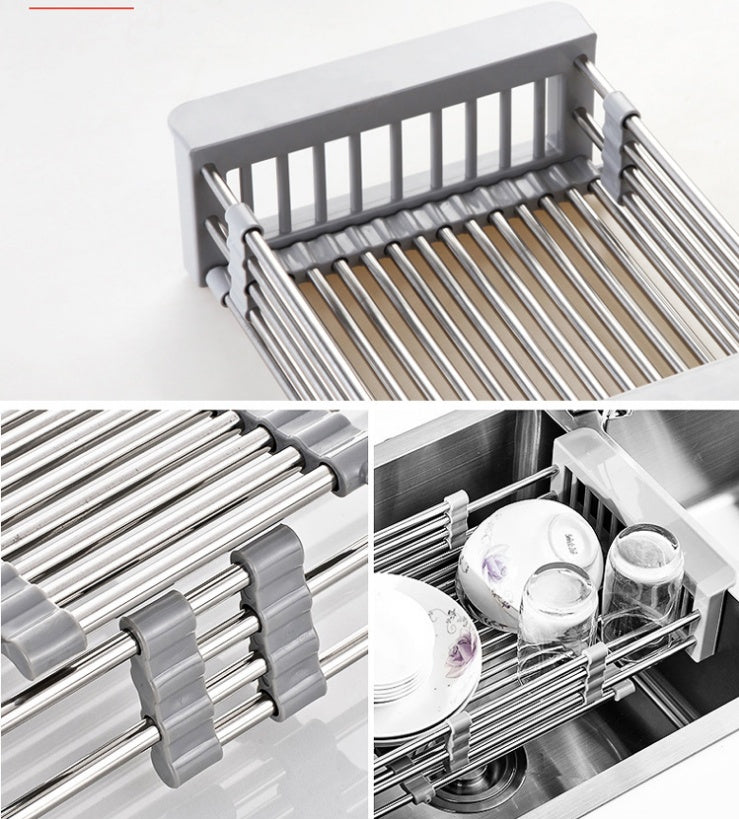 Gray expandable stainless steel sink drain basket with close-up details and example use for drying dishes and glasses.