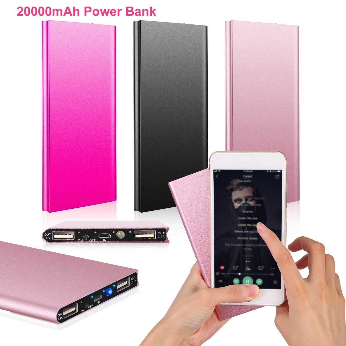20,000mAh power bank collage showing color options (hot pink, black, rose gold), charging ports, and a phone being charged.