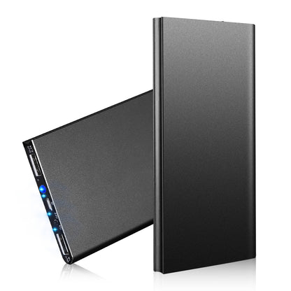 Black ultra-slim 20,000mAh power bank shown on a clean white background.