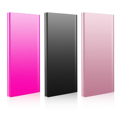 Ultra-slim 20,000mAh power bank shown in hot pink, black, and rose gold color options.