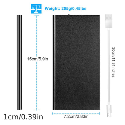Infographic showing the ultra-slim 20,000mAh power bank dimensions (15 × 7.2 × 1 cm), weight (205 g), and included 30 cm USB charging cable.