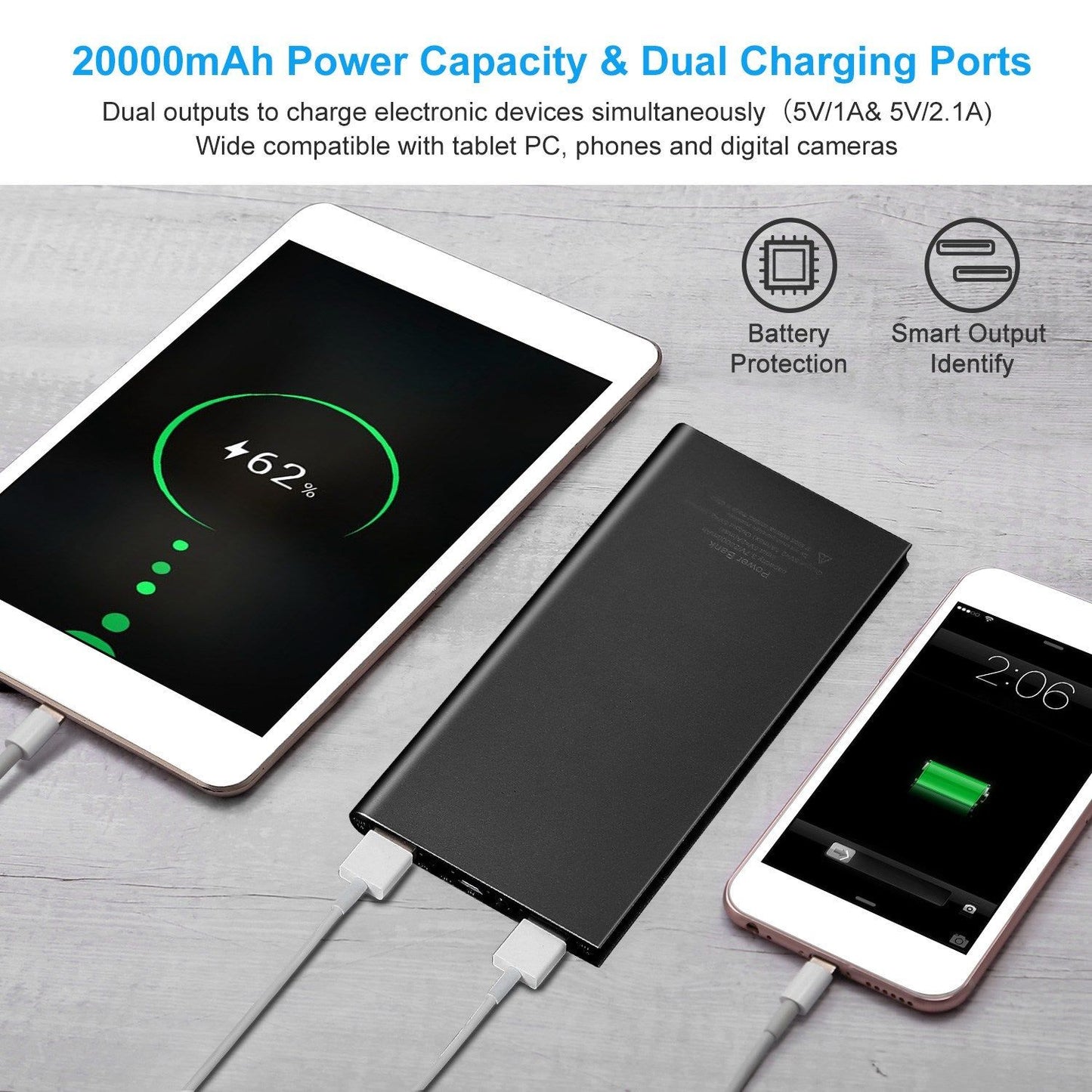 Ultra-slim 20,000mAh power bank charging a tablet and a smartphone at the same time using dual outputs (5V/2.1A and 5V/1A).