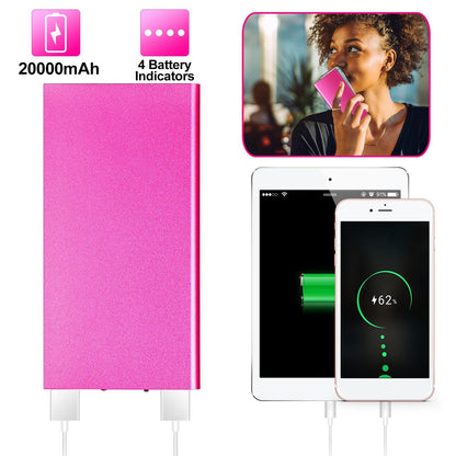 Hot pink ultra-slim 20,000mAh power bank with 4 battery indicator lights, shown charging a phone and tablet (lifestyle/feature collage).