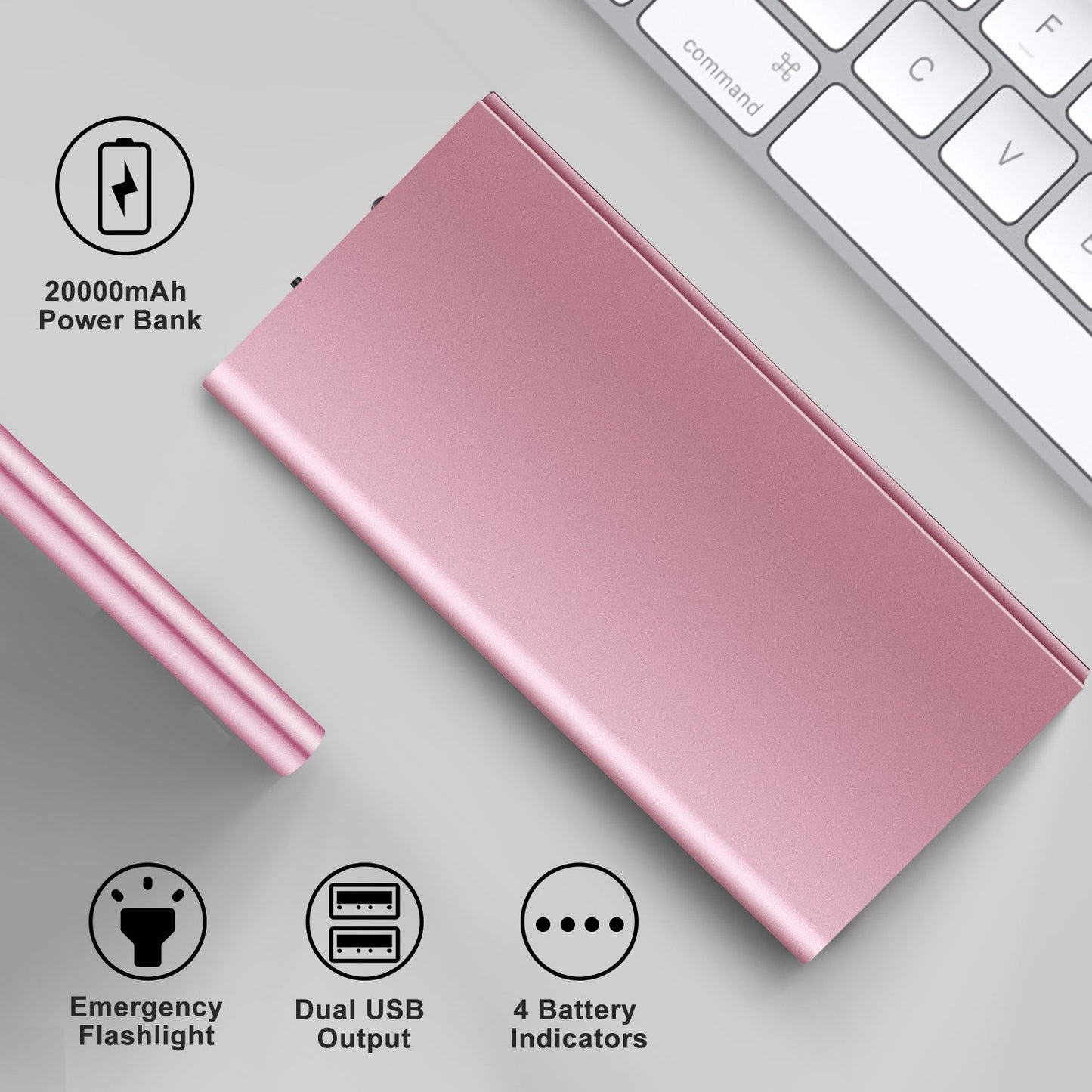 Rose gold ultra-slim 20,000mAh power bank on a desk with feature icons for emergency flashlight, dual USB output, and 4 battery indicators.