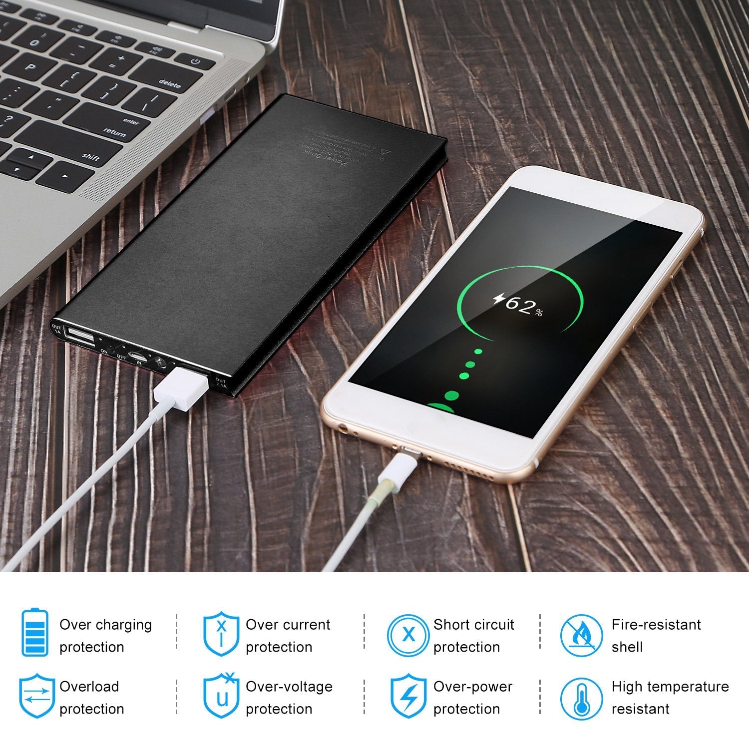 Power bank charging a phone on a desk, with icons highlighting safety protections (overcharge, overcurrent, short circuit, overload, overvoltage, overpower, fire-resistant shell, and high-temperature resistance).