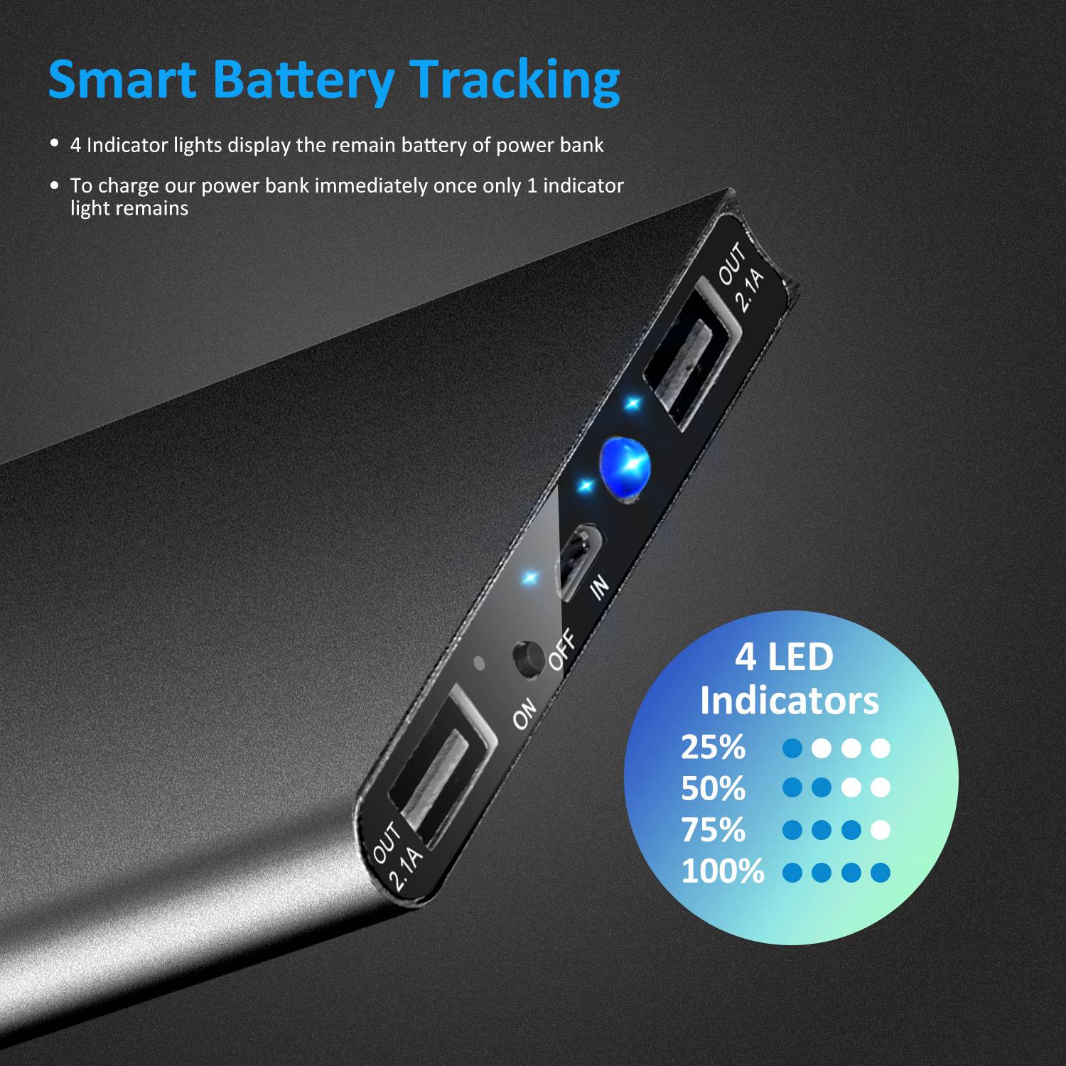 Close-up of the ultra-slim 20,000mAh power bank showing dual USB outputs and 4 LED battery indicator lights for charge tracking.
