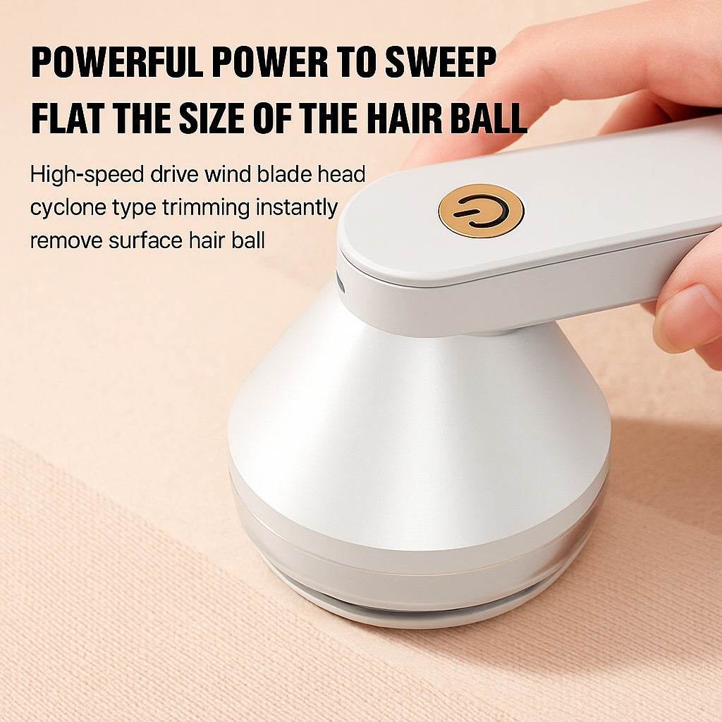 Close-up of a white USB electric lint remover with on/off button, used on fabric.