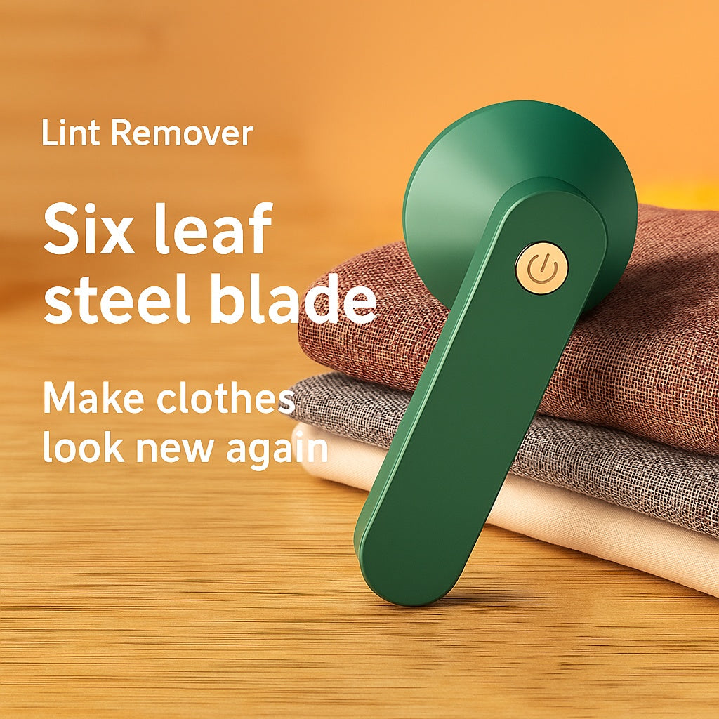 Green USB rechargeable lint remover displayed on stacked fabric with promotional text.