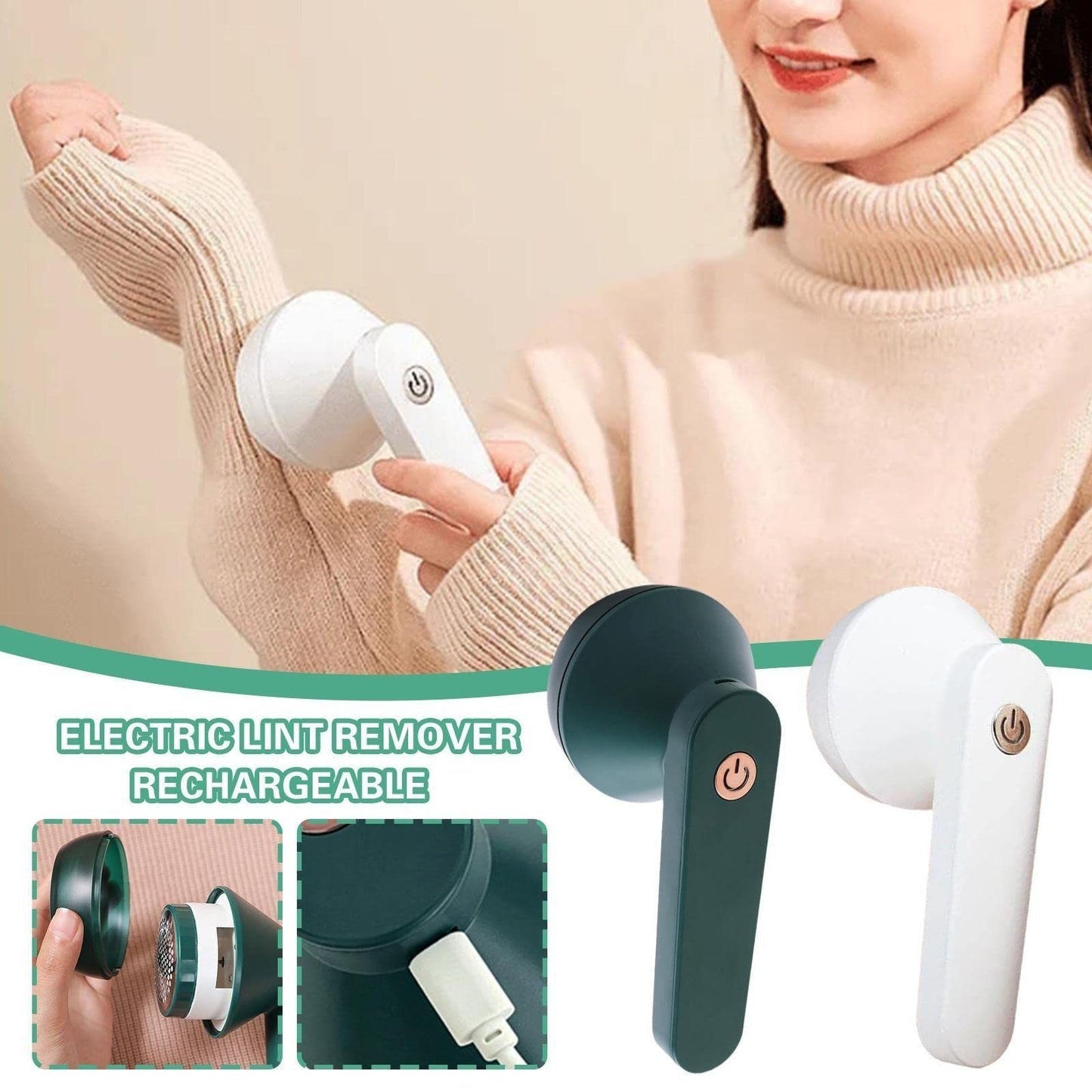 Electric lint remover shown in use on a sweater, with product features and two color options displayed.