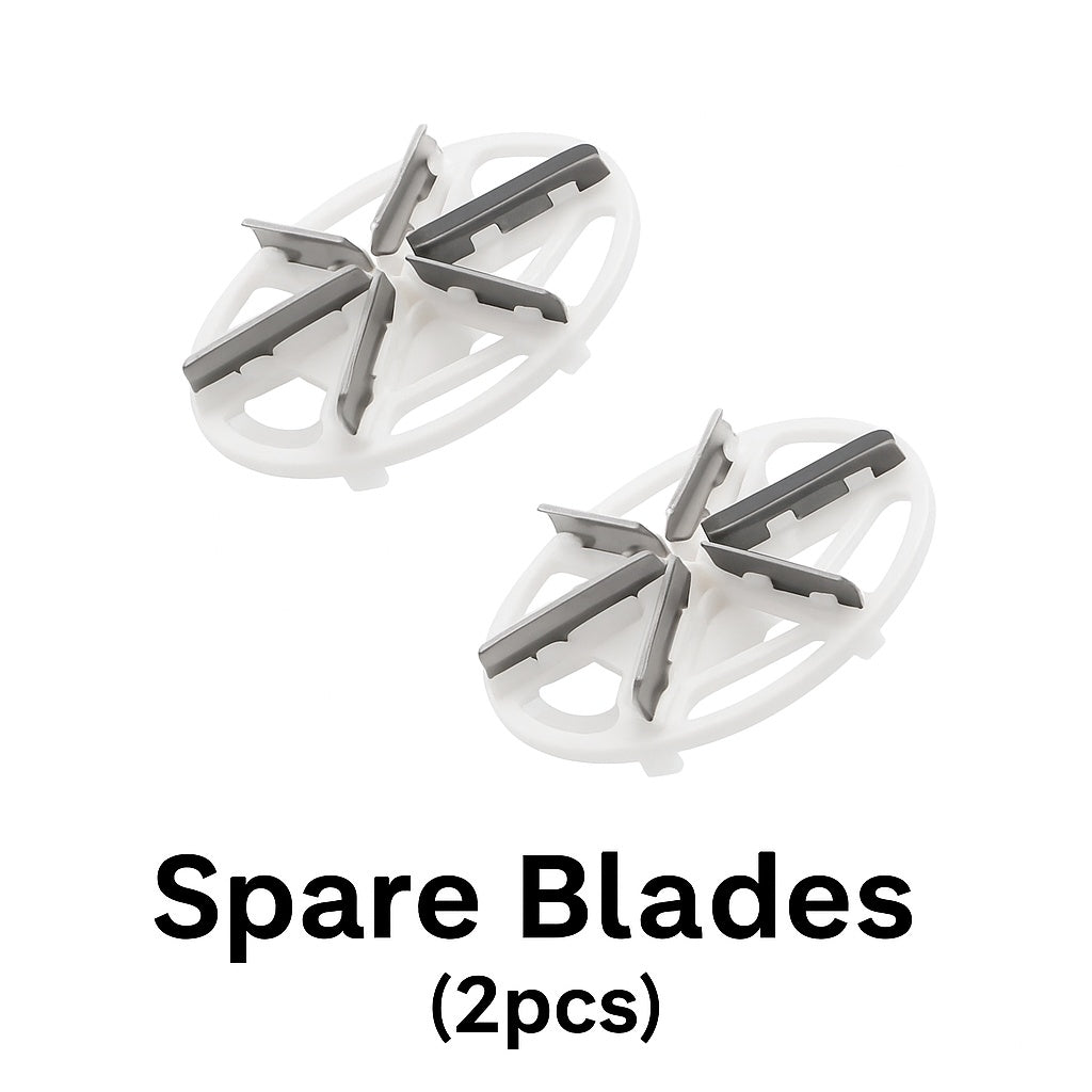 Two replacement blade heads labeled Spare Blades (2pcs), compatible with USB Rechargeable Electric Lint Remover.