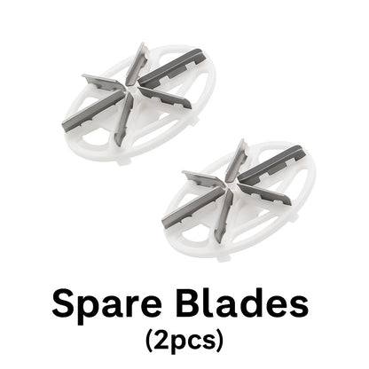 Two replacement blade heads labeled Spare Blades (2pcs), compatible with USB Rechargeable Electric Lint Remover.