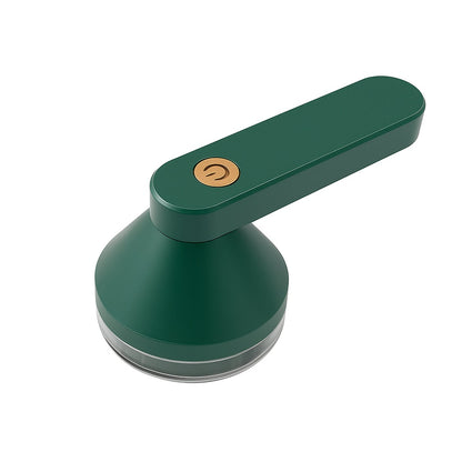 Green USB rechargeable electric lint remover with golden power button on white background.