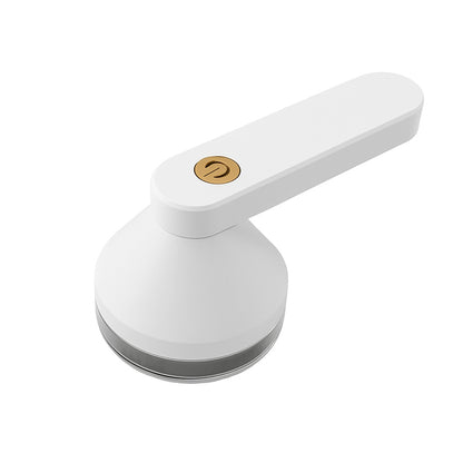 White USB rechargeable electric lint remover with golden power button on white background.
