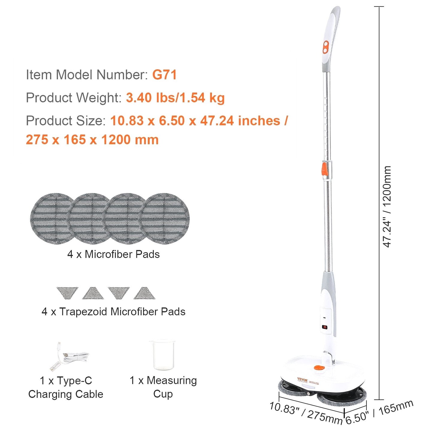 VEVOR cordless spin mop with battery life, dimensions and included cleaning pads shown in infographic