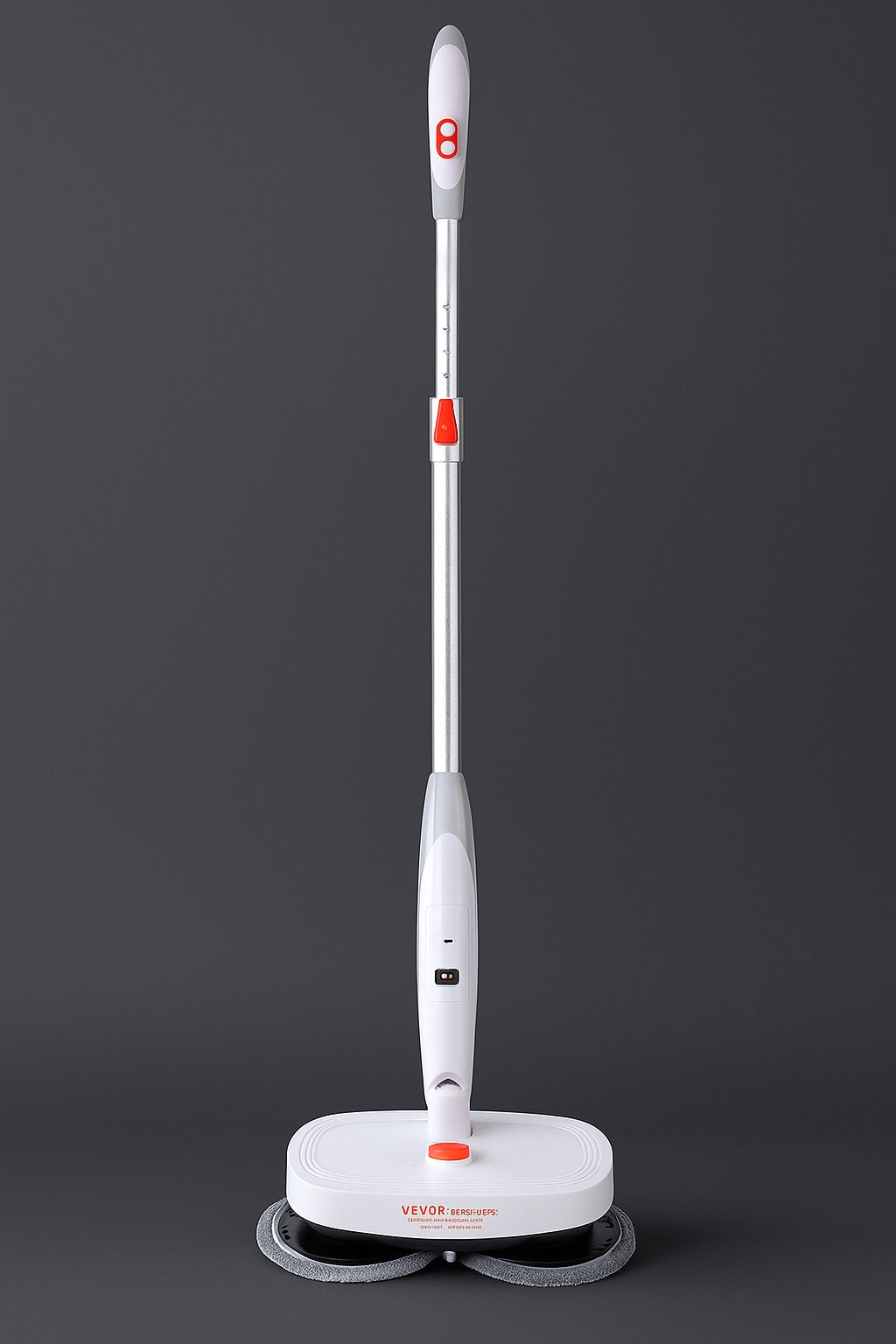 Front view of the VEVOR cordless electric spin mop with dual microfiber heads, displayed on a dark gray background.