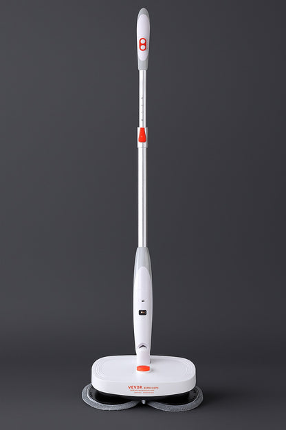Front view of the VEVOR cordless electric spin mop with dual microfiber heads, displayed on a dark gray background.