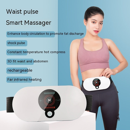 Smart waist massager shown on model with feature list: enhance circulation, shock pulse, hot compress, 3D fit, rechargeable, and infrared heating