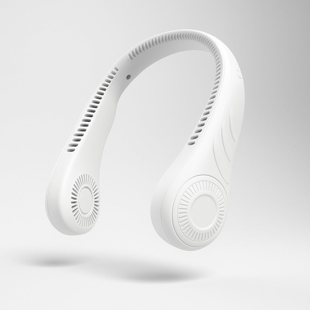 Portable white bladeless neck fan with modern gray background, showcasing its sleek ergonomic design