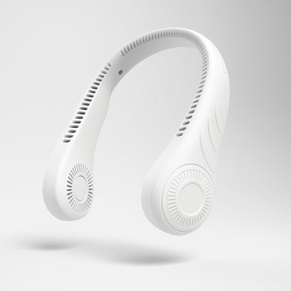 Portable white bladeless neck fan with modern gray background, showcasing its sleek ergonomic design