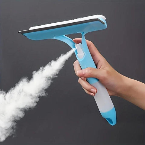 3-in-1 window squeegee with spray, sponge and wiper releasing cleaning mist