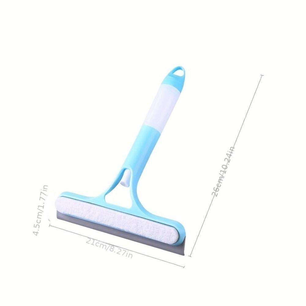 Blue 3-in-1 window squeegee with spray bottle and dimensions displayed