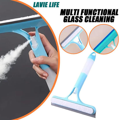 Collage showing features of 3-in-1 window squeegee with spray, sponge and wiper