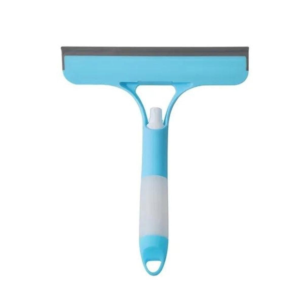 Front view of blue 3-in-1 window squeegee with spray handle on white background