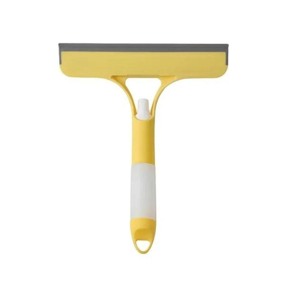 Front view of yellow 3-in-1 window squeegee with built-in spray handle on white background
