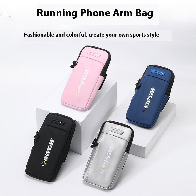 Four running phone arm bags in pink, blue, black, and gray on a white background with text about fashion and style.