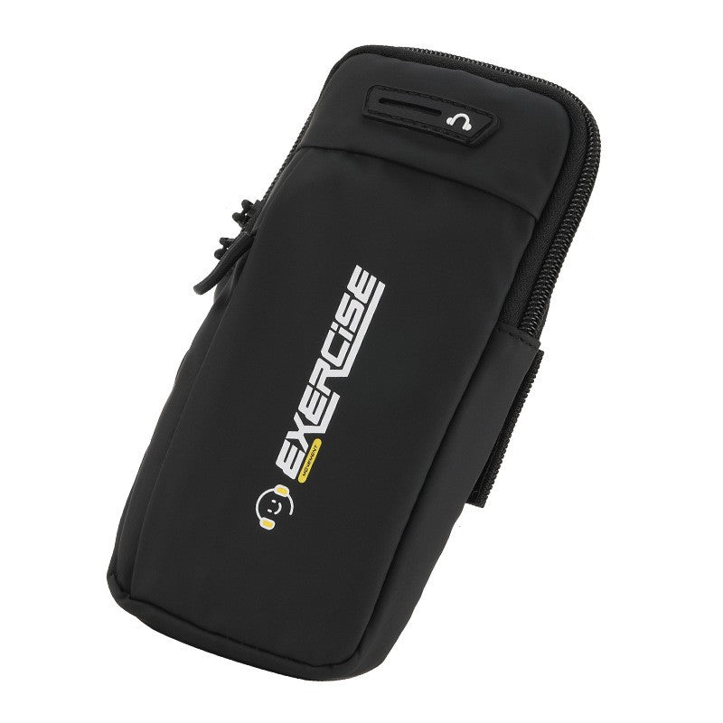 Black exercise phone armband with 'EXERCISE' text on a white background