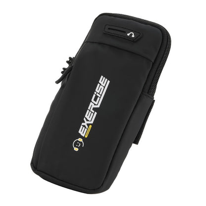 Black exercise phone armband with 'EXERCISE' text on a white background