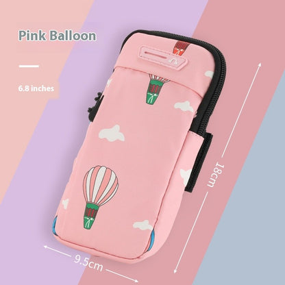 Pink pouch with hot air balloon design and measurements on a colorful background