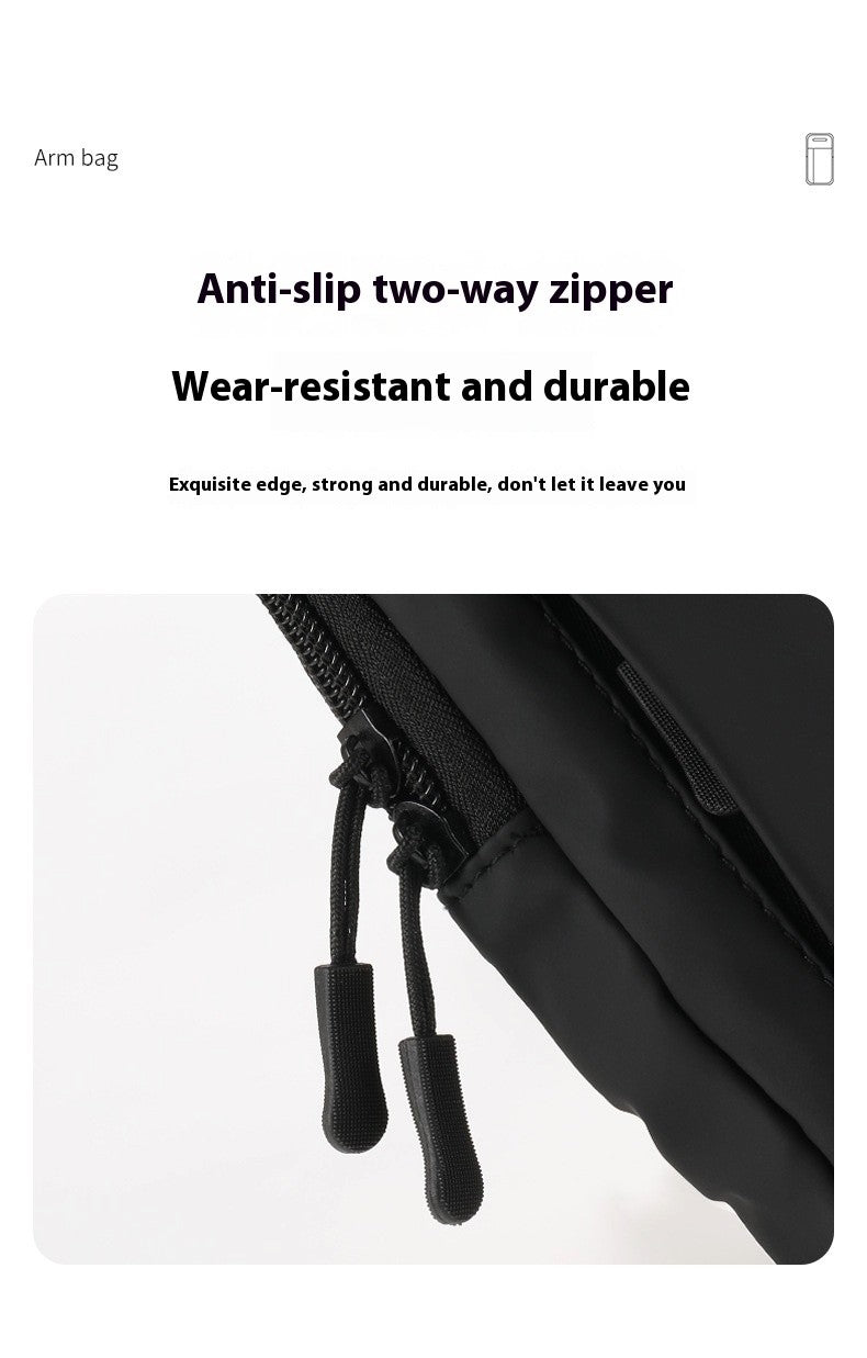Black arm bag with anti-slip two-way zipper on a white background