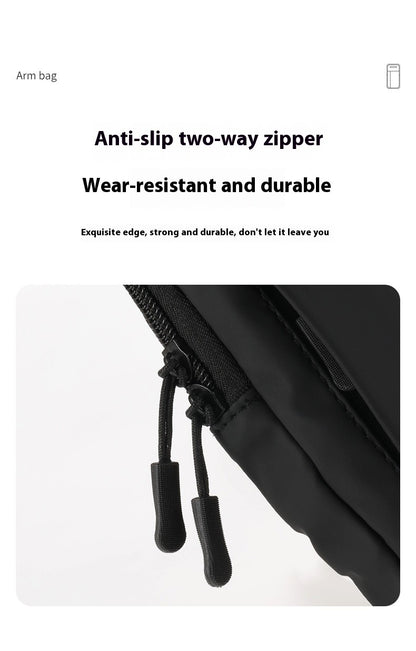 Black arm bag with anti-slip two-way zipper on a white background