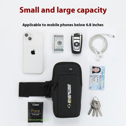 Black waist bag with phone, money, car key, earbuds, keys, and other items on a white background.