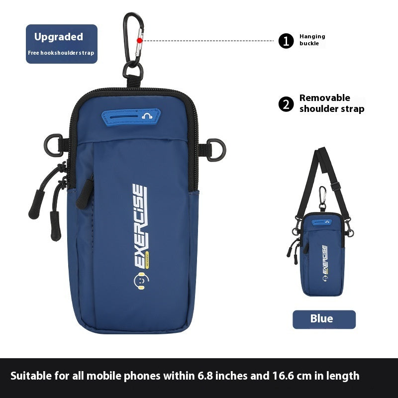 Blue exercise bag with features highlighted on a white background
