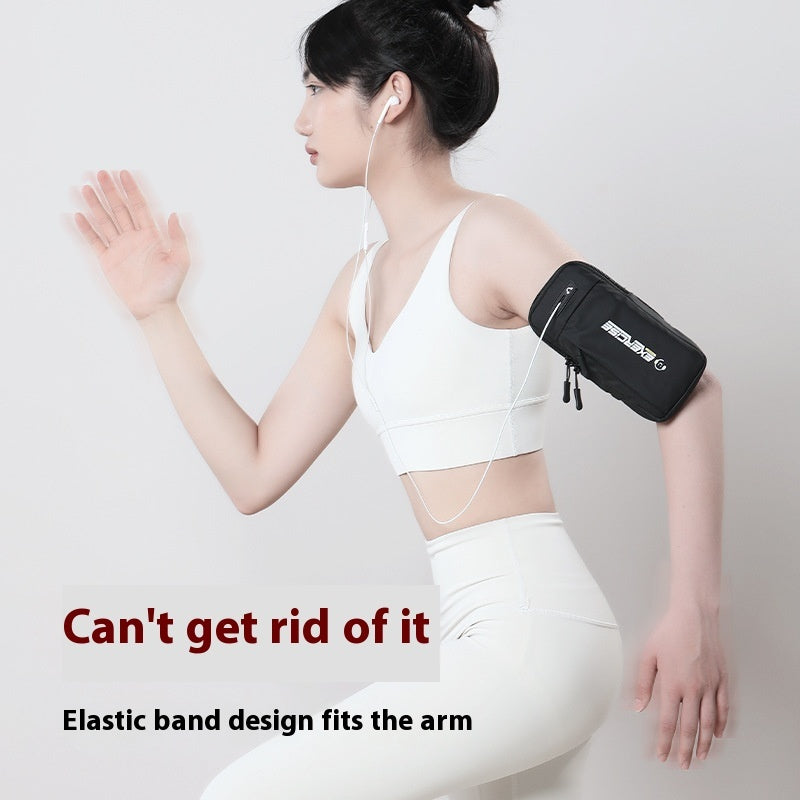 Woman wearing a black arm band with text 'Can't get rid of it' and 'Elastic band design fits the arm'.