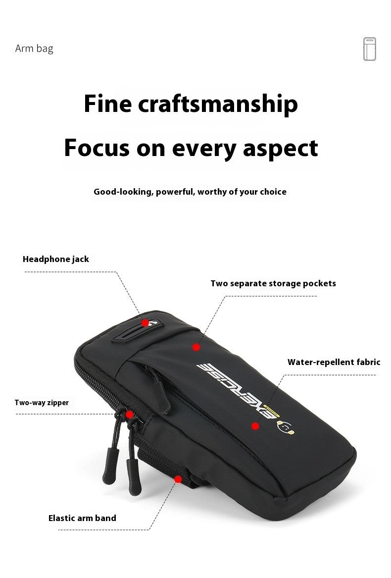 Black arm bag with features highlighted on a white background