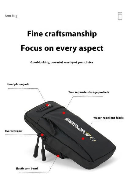 Black arm bag with features highlighted on a white background