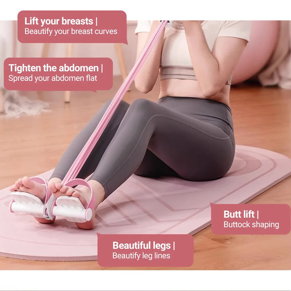 Woman using a pink yoga pedal resistance band during home workout, highlighting benefits for bust, abdomen, legs, and glutes.
