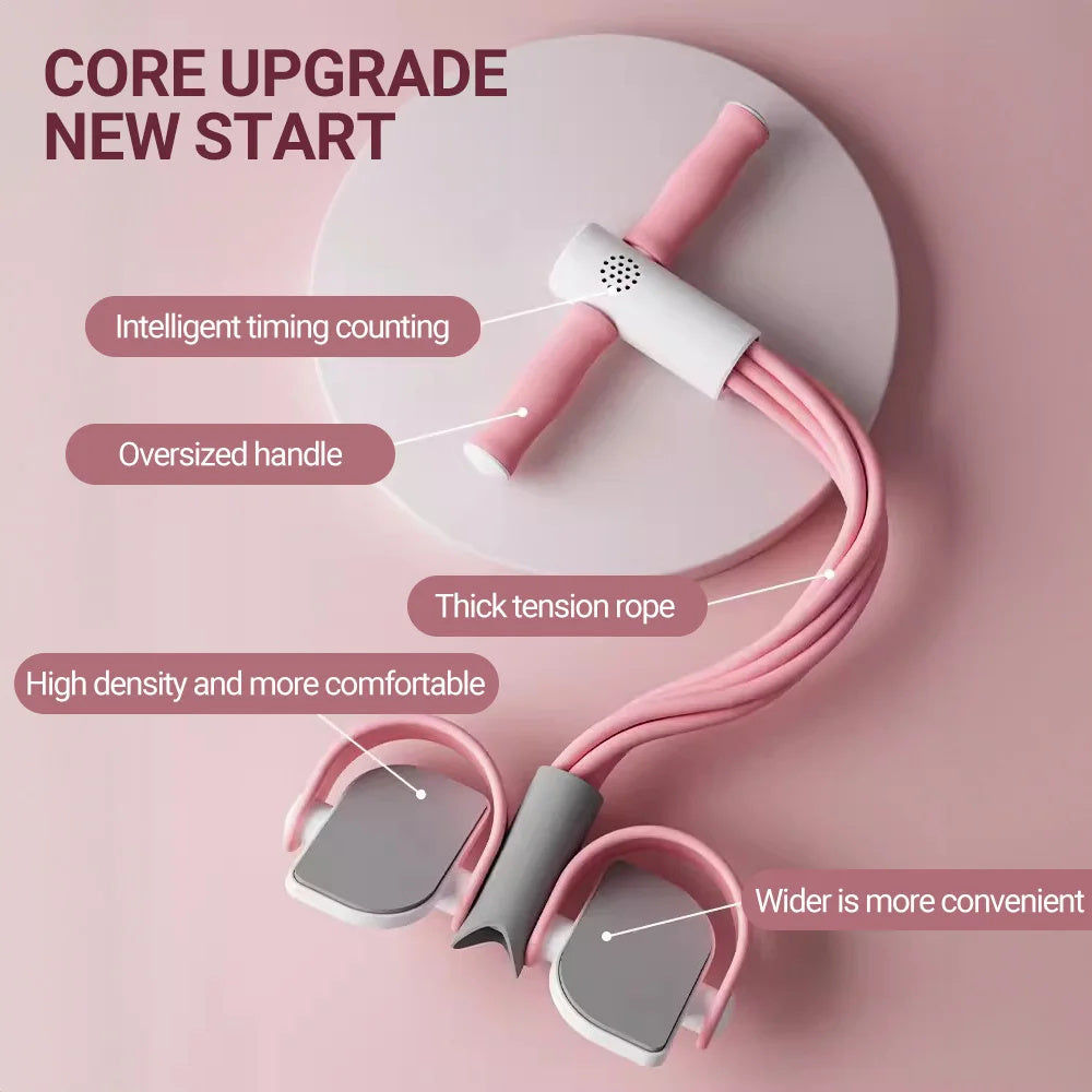 Top view of a pink yoga pedal resistance band showing upgraded features like intelligent timing counter, oversized handle, and thick tension rope.