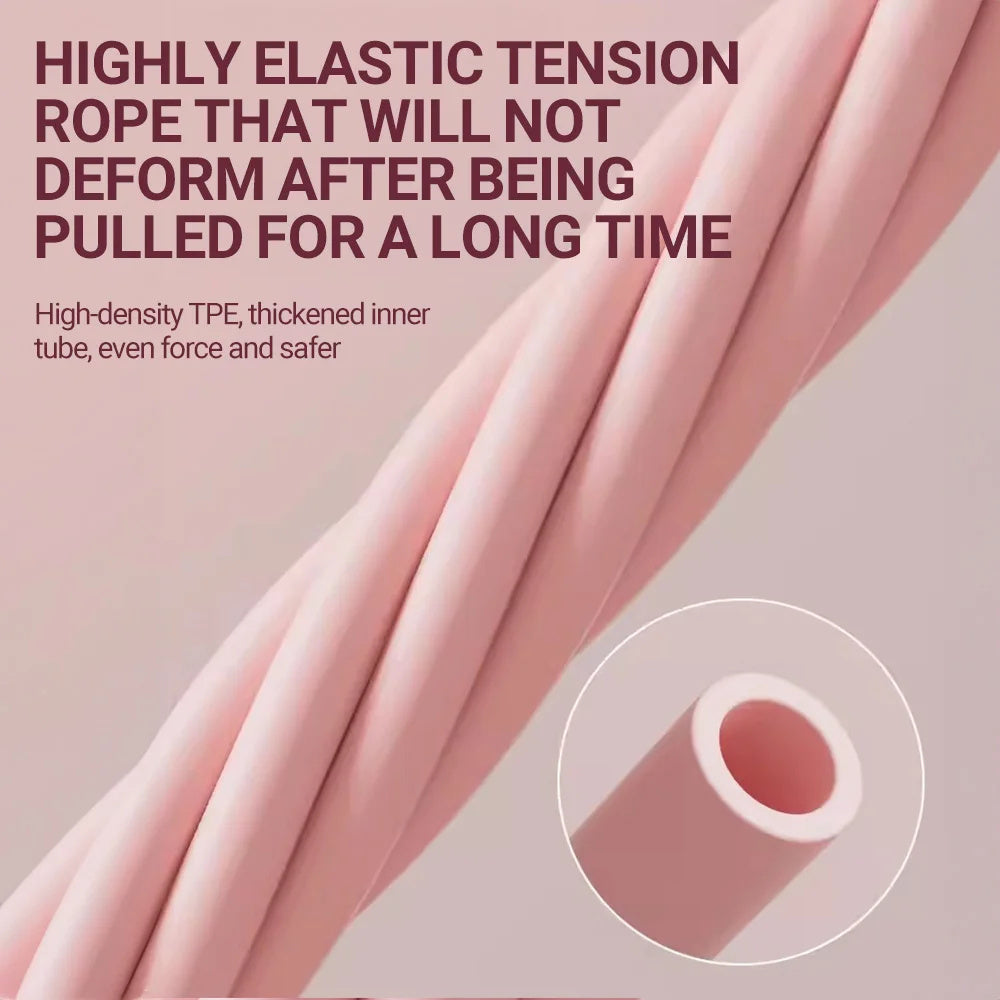 Close-up of high-elasticity pink resistance bands with a detailed view of the thickened inner tube, showcasing durability and safety.